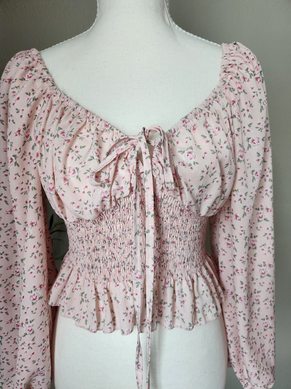 Smocked Pink Floral Tie-Front Peasant Blouse